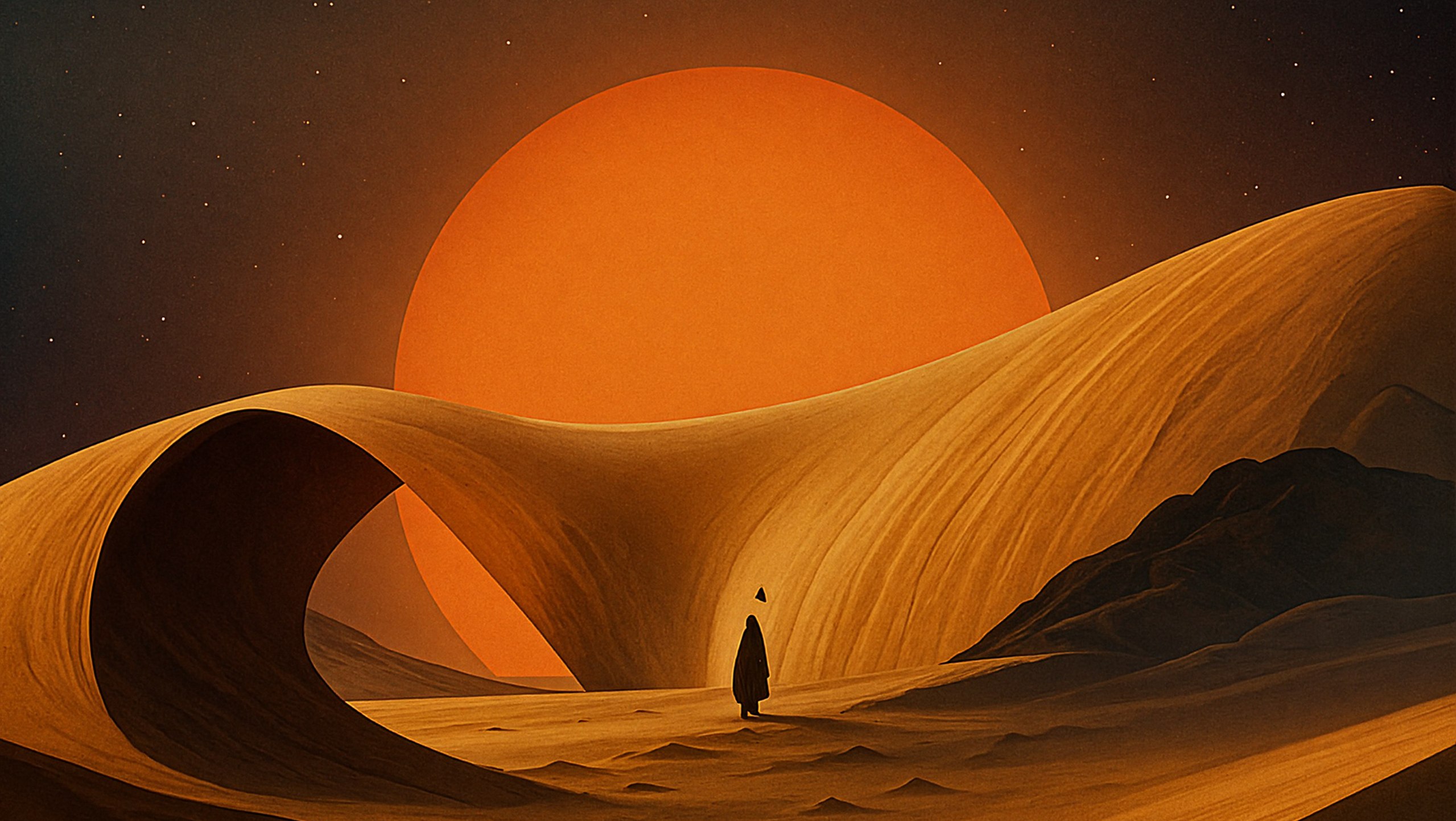 Orange desert with a giant sun — Ghost in the Machine artwork